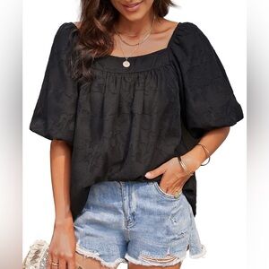 Mincib Summer Flowy Chiffon Loose Fit Square Neck Puff Sleeve Blouse Size 2X